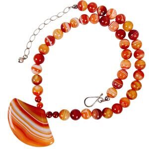 Signed Jay King DTR Agate Gemstone Pendant Necklace Orange White Sterling Silver